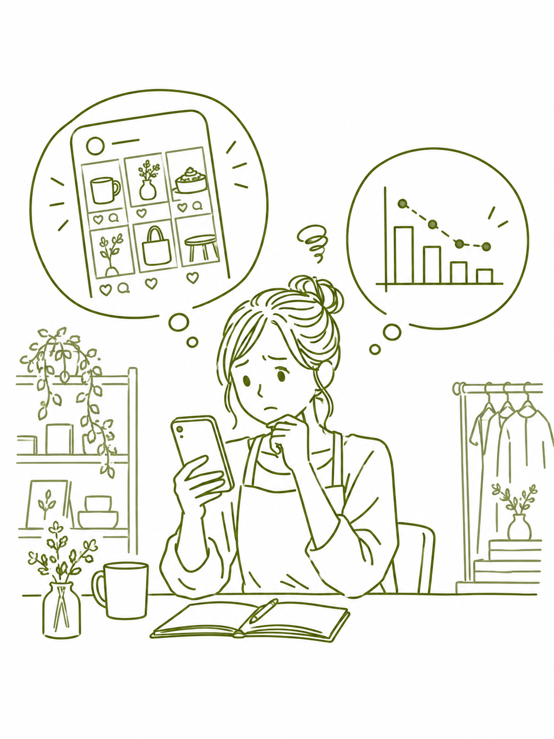 Instagram運用に悩む事業者のイラスト